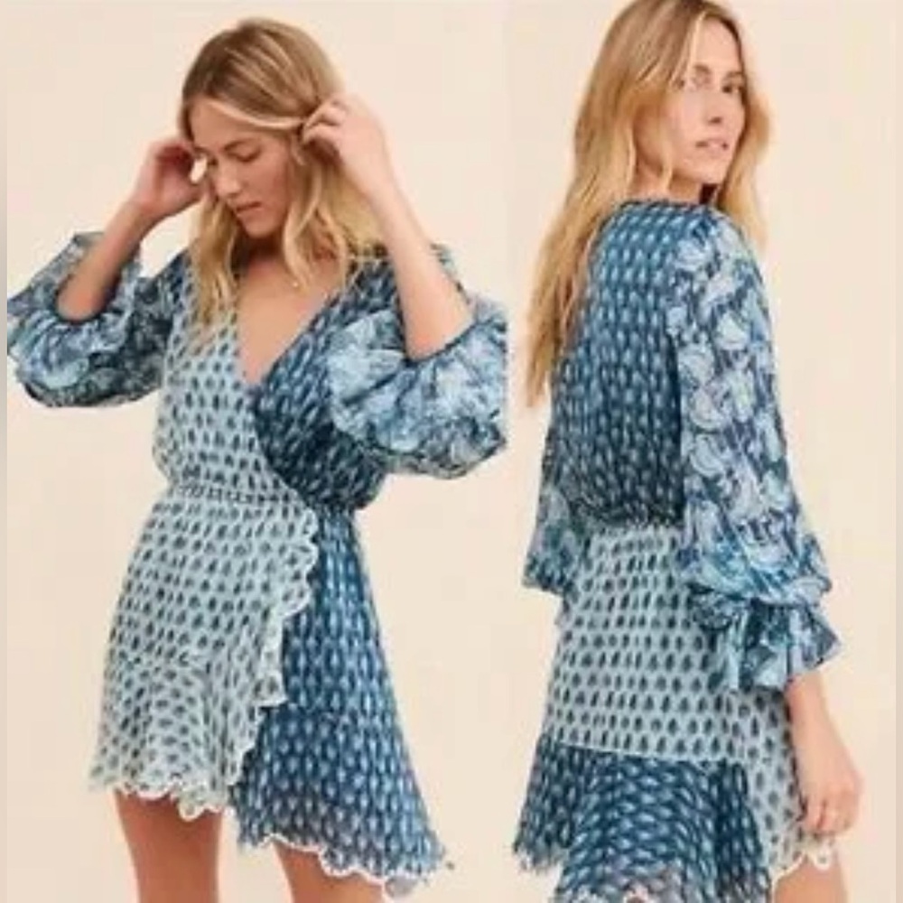 Hemant & Nandita  Dress Size L Kaiyo Long Sleeve Blue Silver Metallic Wrap Mini